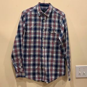HURLEY Men’s Red, White & Blue Long Sleeve Plaid Button-up Shirt, size: Small